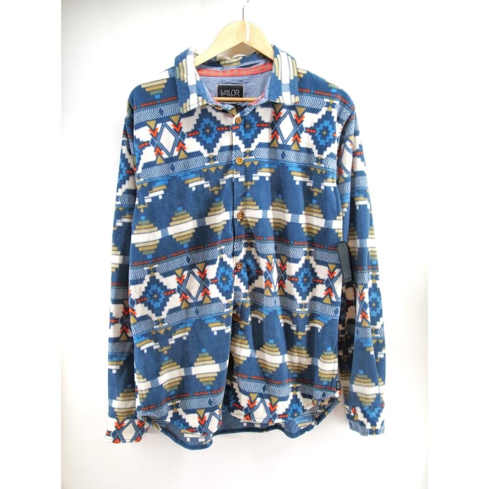Mens Valor Collective Tribal Aztec‎ Print Fleece Button Down Long Sleeve Shirt L